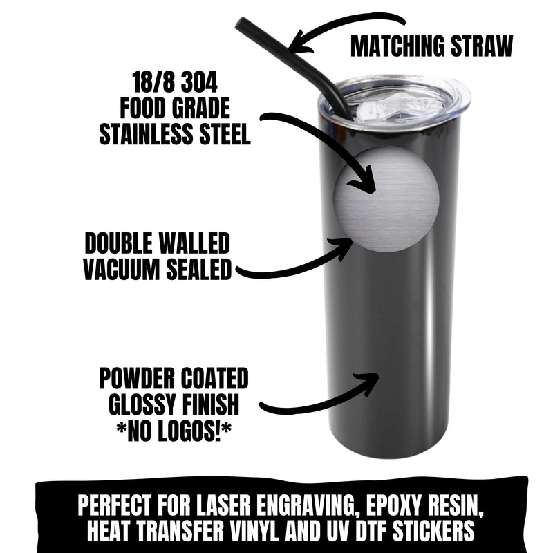 20oz Color Powder Coated Stainless Steel Skinny Tumbler - Black ProSub