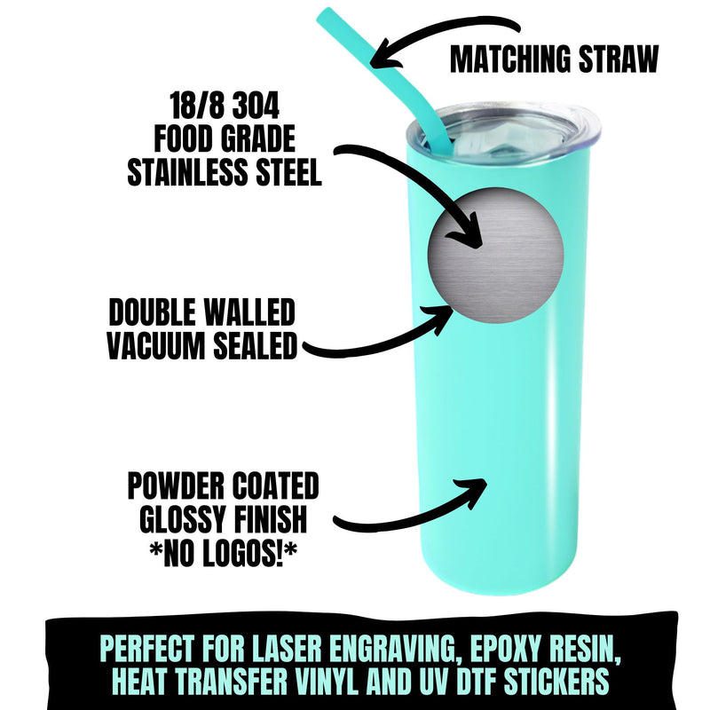 20oz Color Powder Coated Stainless Steel Skinny Tumbler - Teal ProSub