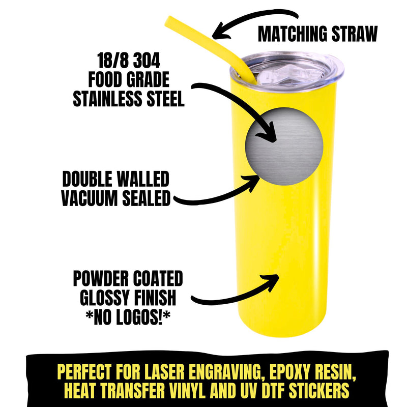 20oz Color Powder Coated Stainless Steel Skinny Tumbler - Yellow ProSub