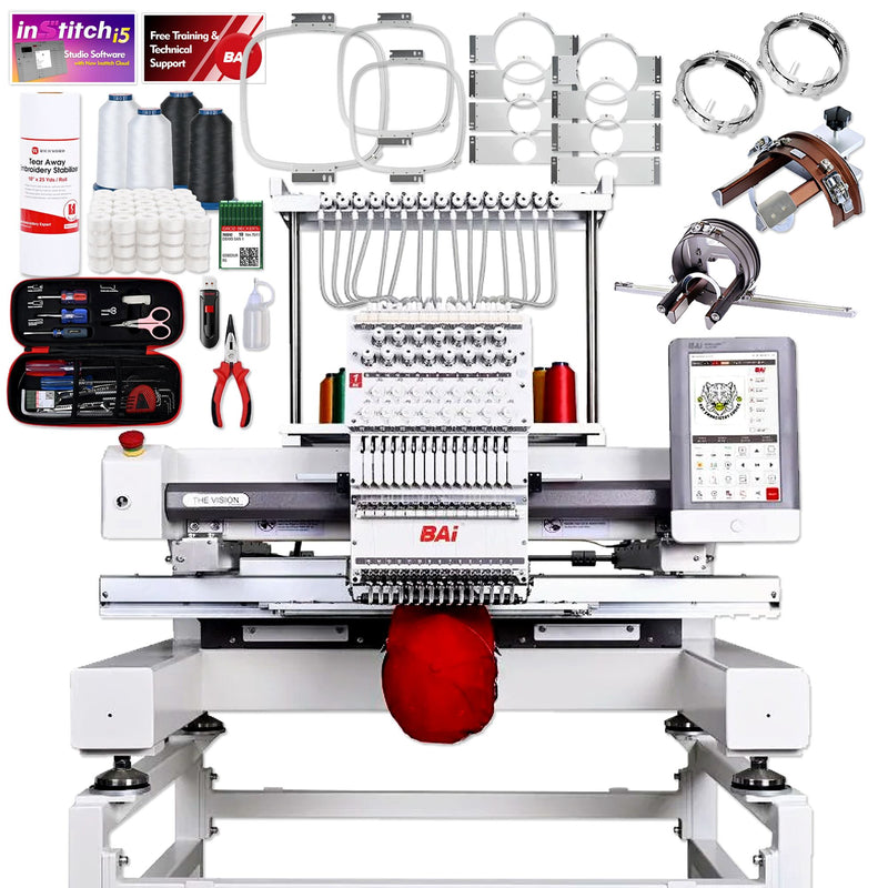 BAi VISION 15 Needle Commercial Embroidery Machine with Deluxe Bundle Brother Sewing Bundle Bai