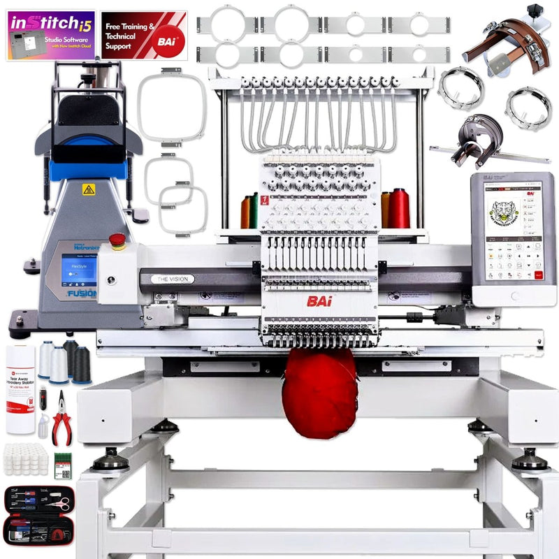 BAi VISION 15 Needle Embroidery Machine Bundle with Hotronix Cap Press & Hoops - Swing Design1