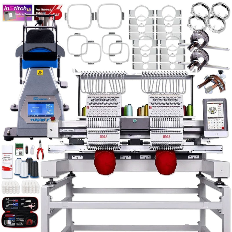 BAi VISION Two Head 15 Needle Embroidery Machine Bundle with Hotronix Hat Press - Swing Design