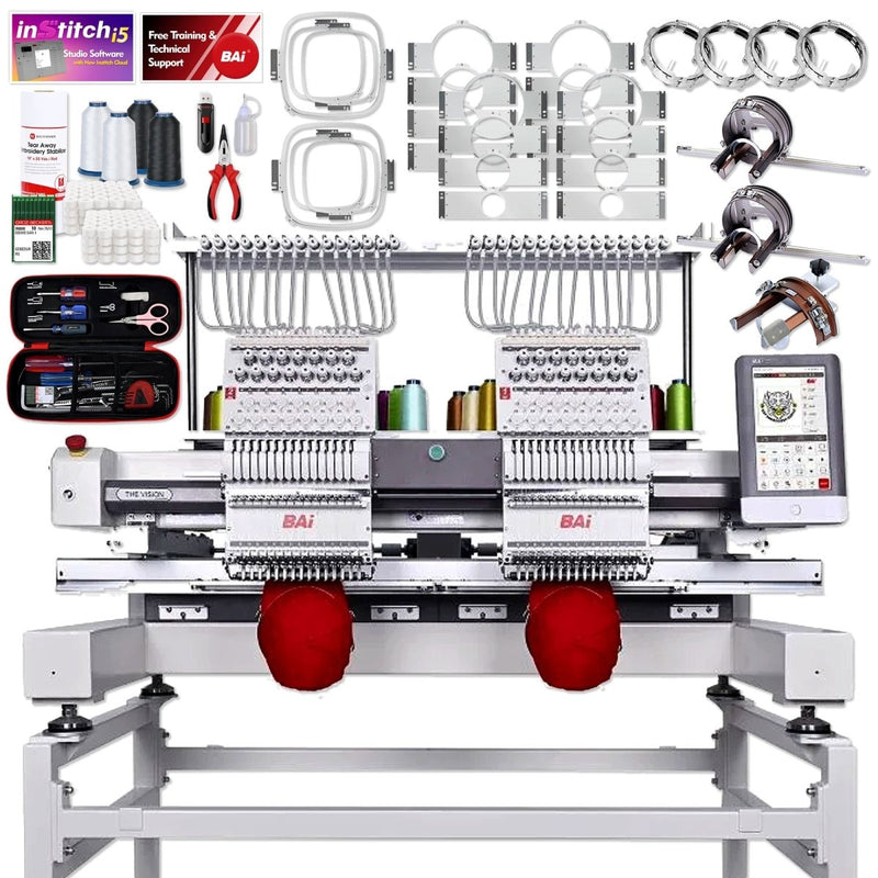 BAi VISION Two Head 15 Needle Embroidery Machine Bundle with Hotronix Hat Press - Swing Design