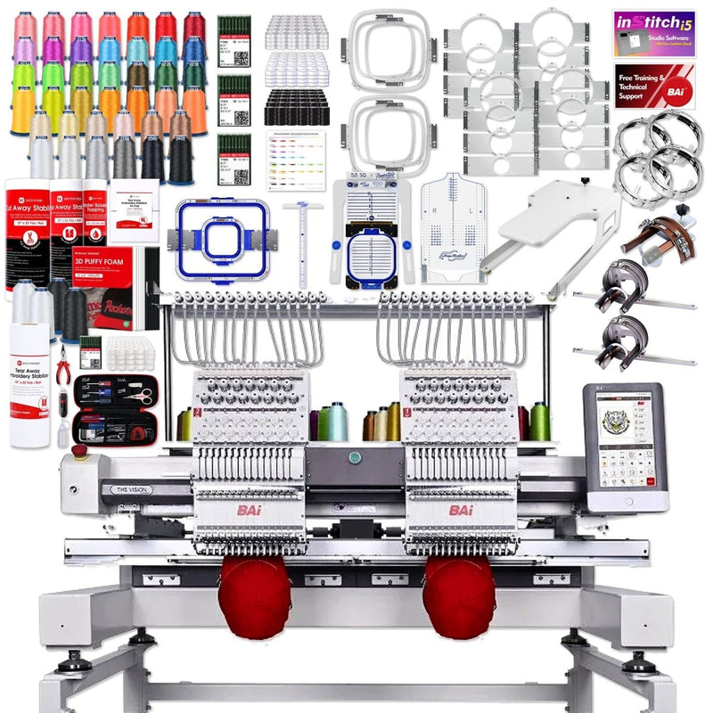 BAi VISION Two Head 15 Needle Embroidery Machine with Deluxe Mighty Hoop Bundle Home Delivery Swing Design 1