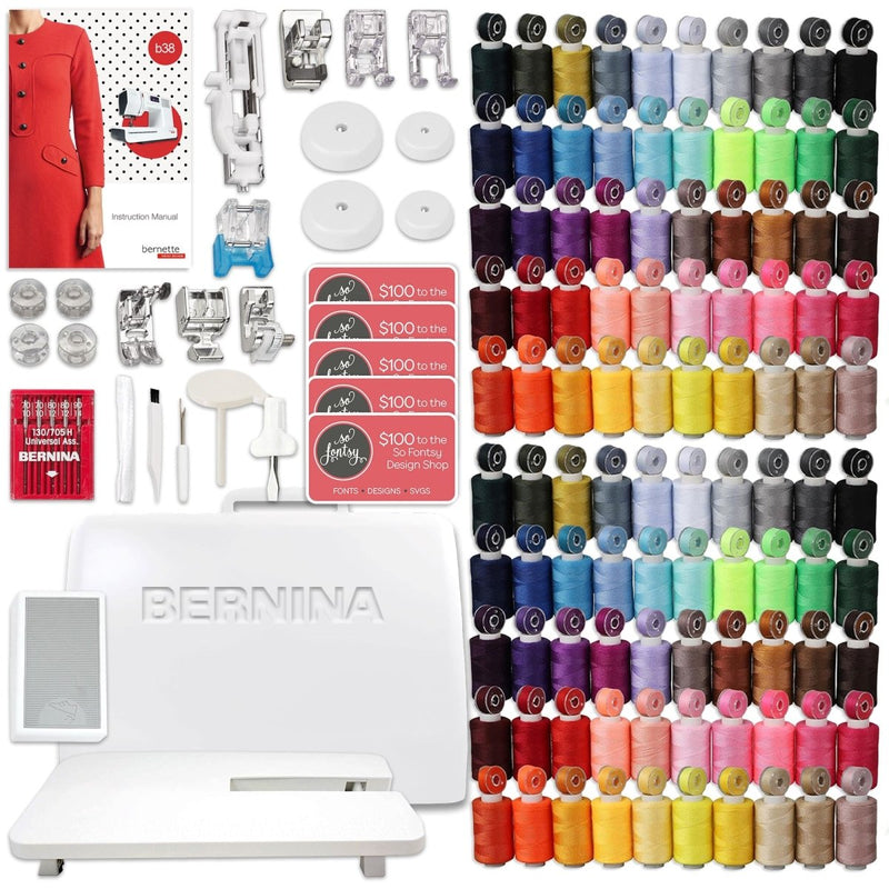 Bernette B38 Top End Sewing Machine Bundle with Deluxe 100pc Thread Kit - Swing Design