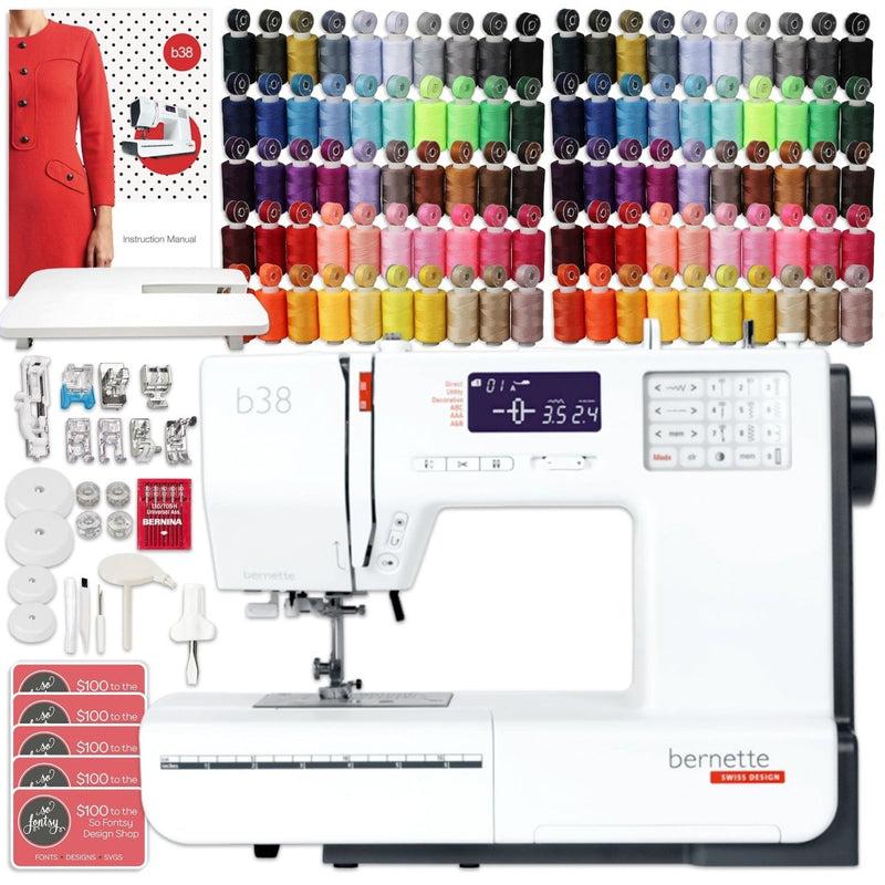 Bernette B38 Top End Sewing Machine Bundle with Deluxe 100pc Thread Kit - Swing Design