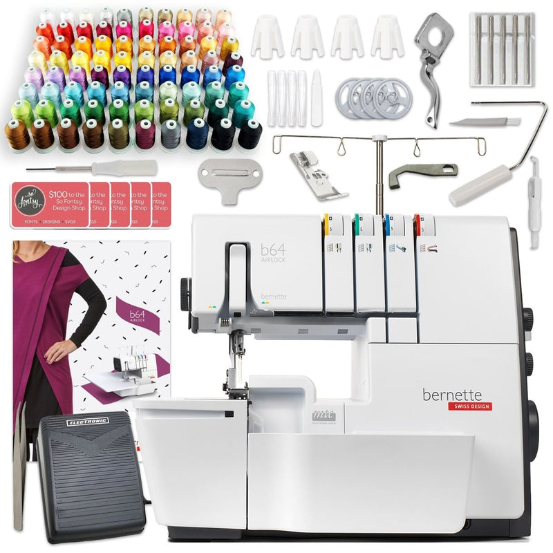 Bernette B64 Airlock Serger with Easy Air Threading & 80 Thread Spool Bundle - Swing Design