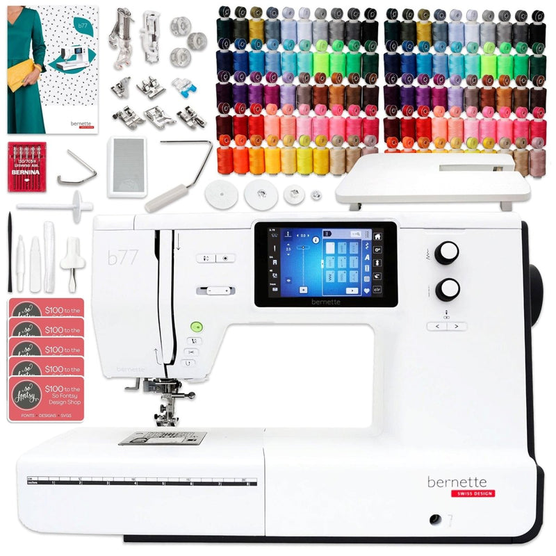 Bernette B77 Deco Sewing & Quilting Machine Bundle with 100 Thread Spools - Swing Design