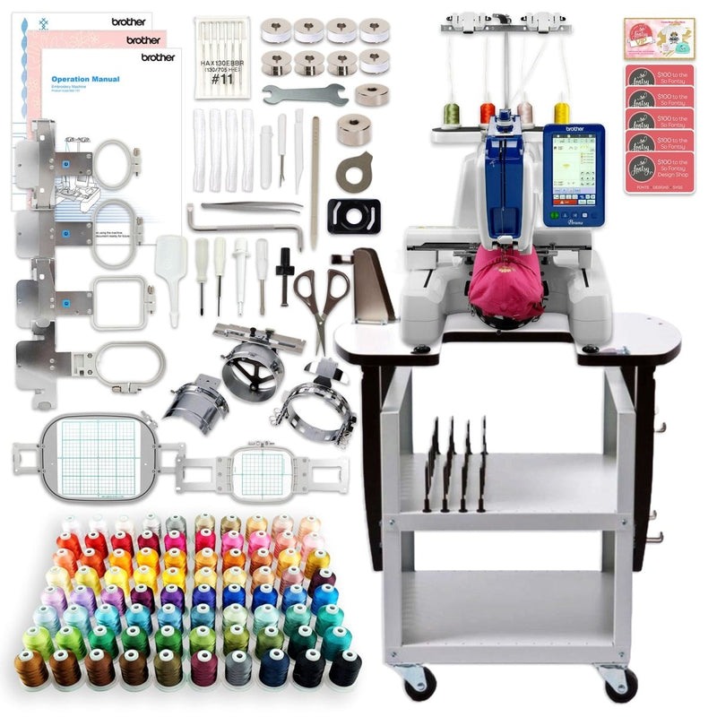 Brother PRS100 Embroidery Machine w/ Stand, Hat Hoop Set, Accessories Kit - Swing Design