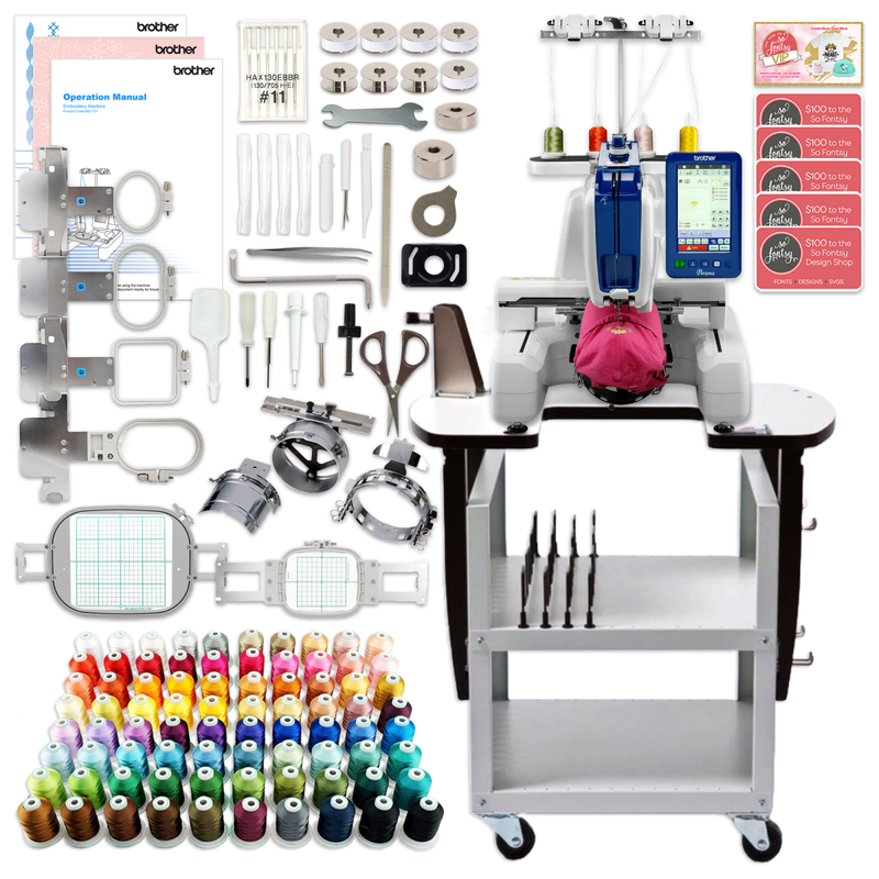 Brother PRS100 Embroidery Machine w/ Stand, Hat Hoop Set, Accessories Kit Swing Design 1