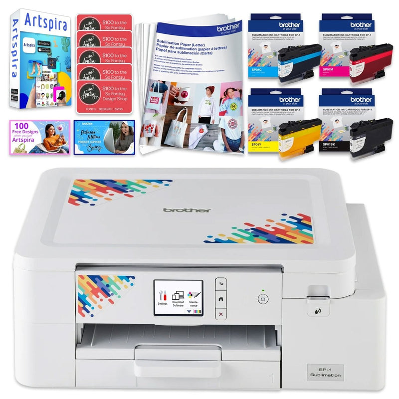 Brother SP-1 Sublimation Printer, Inks, Paper, Blanks, Tape Starter Bundle - Swing Design2