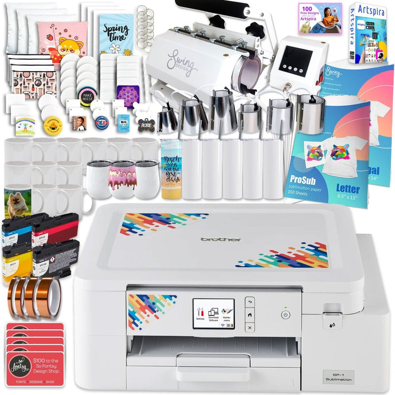 Brother SP-1 Sublimation Printer with 7-in-1 White Tumbler Heat Press Bundle - Swing Design1