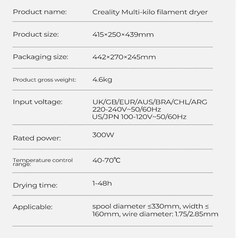 Creality 3D Printer Filament Spool Dryer - 1kg up to 5kg Spools 3D Printer Creality