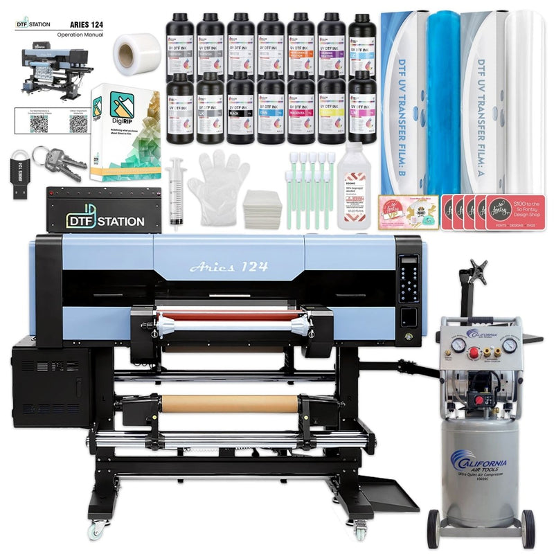 DTF Station Aries 124 UV DTF Printer 24in w/ Inks, Supplies, Compressor & Training Swing Design 1