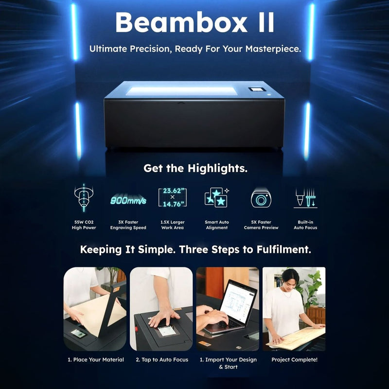 FLUX Beambox II 55W C02 Laser Cutter & Engraver with 4-in-1 Rotary & Auto Feeder - Swing Design21