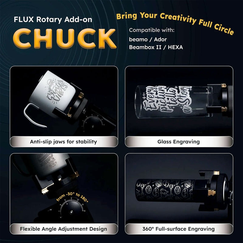 FLUX Beamo 4-in-1 Rotary Attachment with Chuck Riser - Swing Design12