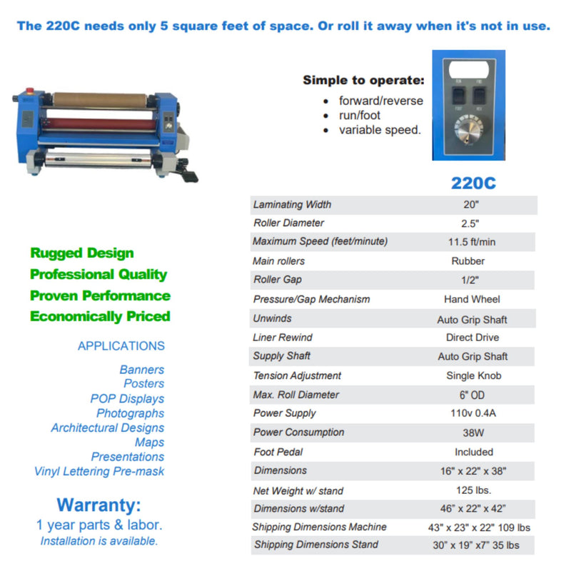 GFP 220C Compact Tabletop Cold Roll Laminator - 20" Eco Printers GFP