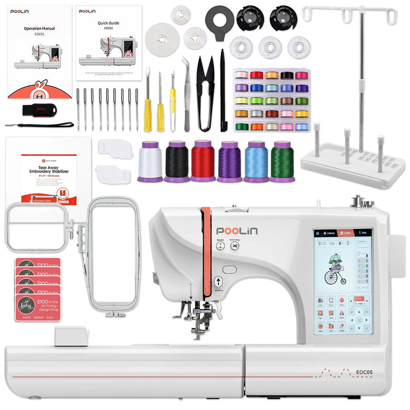 POOLIN EOC05 4in x 9.2in Computerized Embroidery Machine Base Bundle Brother Sewing Bundle Poolin