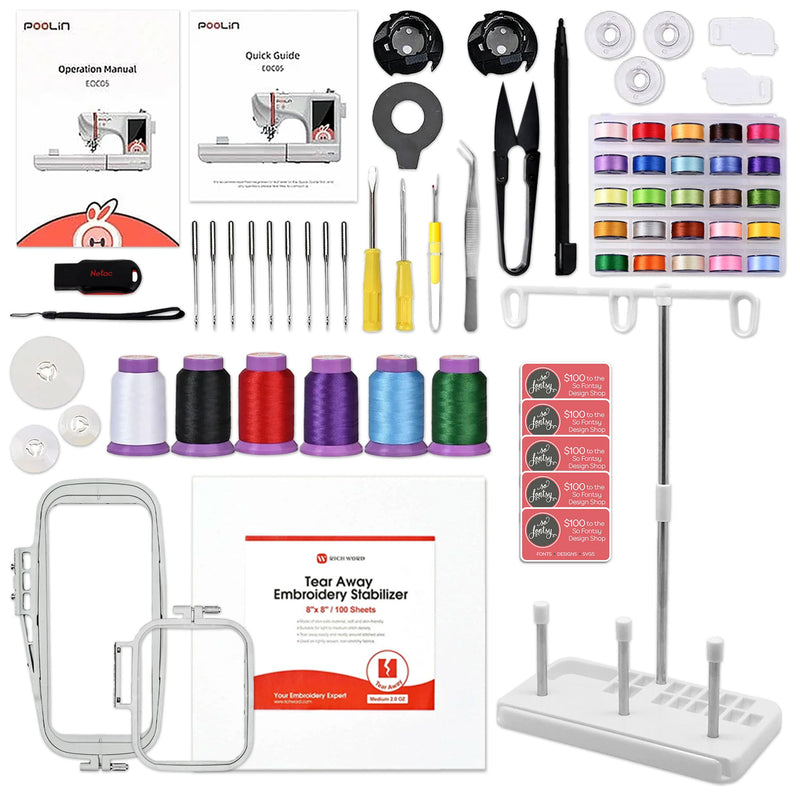 POOLIN EOC05 4in x 9.2in Computerized Embroidery Machine Base Bundle Brother Sewing Bundle Poolin