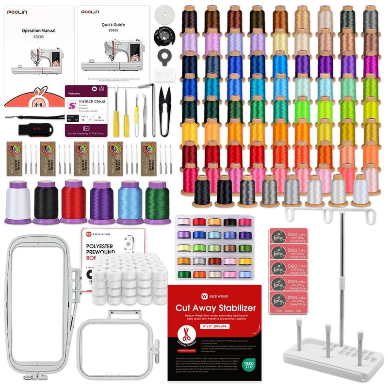 POOLIN EOC05 4in x 9.2in Embroidery Machine with 86 Embroidery Spools Bundle - Swing Design