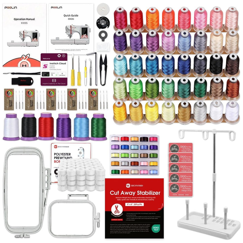 POOLIN EOC05 4in x 9.2in Embroidery Machine with Accessory Kit - Red - Swing Design