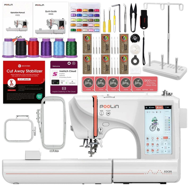 POOLIN EOC05 4in x 9.2in Embroidery Machine with Deluxe Accessory Bundle - Swing Design