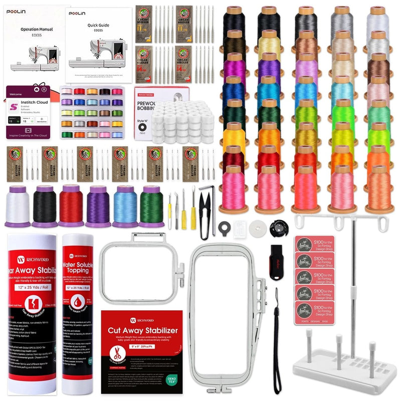 POOLIN EOC05 4in x 9.2in Embroidery Machine with Deluxe Accessory Bundle - Swing Design