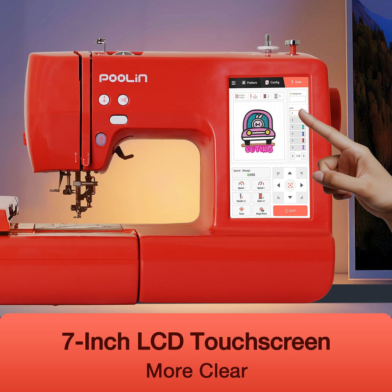 POOLIN EOC05 4in x 9.2in Embroidery Machine with Deluxe Accessory Bundle - Red Poolin Embroidery Machines Poolin