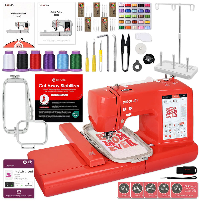 POOLIN EOC05 4in x 9.2in Embroidery Machine with Deluxe Accessory Bundle - Red Poolin Embroidery Machines Poolin