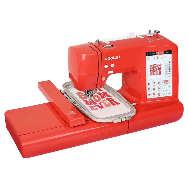 POOLIN EOC05 4in x 9.2in Embroidery Machine with Deluxe Accessory Bundle - Red Poolin Embroidery Machines Poolin
