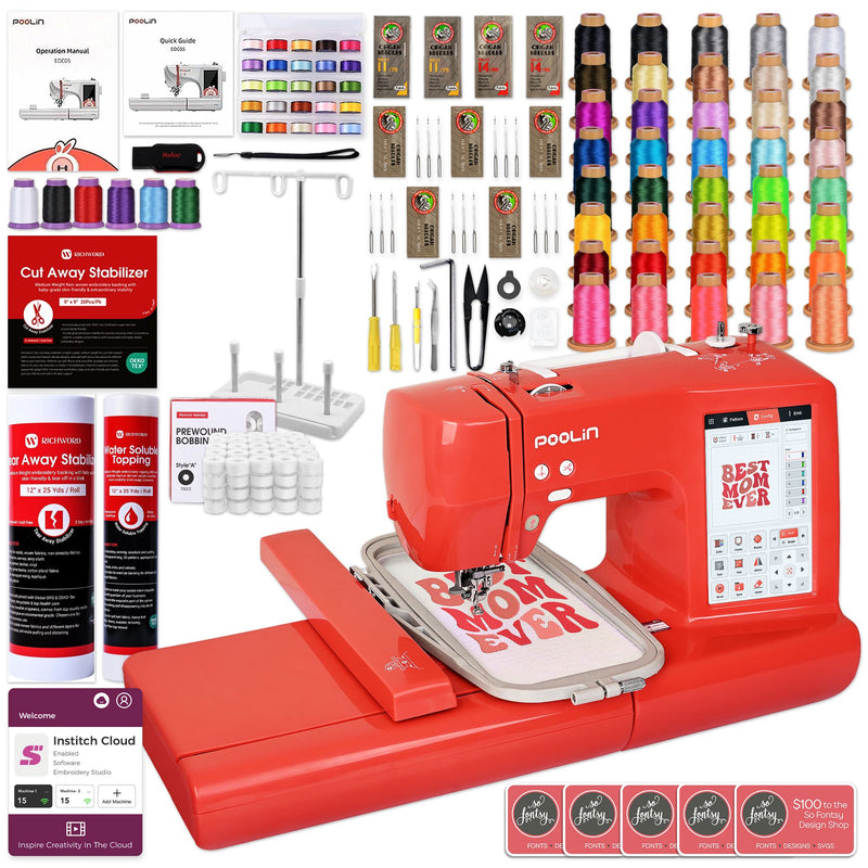 POOLIN EOC05 4in x 9.2in Embroidery Machine with Deluxe Accessory Bundle - Red Poolin Embroidery Machines Poolin