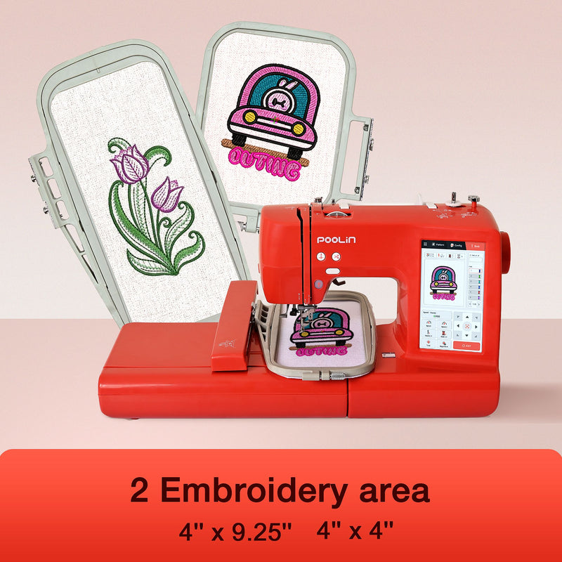 POOLIN EOC05 4in x 9.2in Embroidery Machine with Deluxe Accessory Bundle - Red Poolin Embroidery Machines Poolin