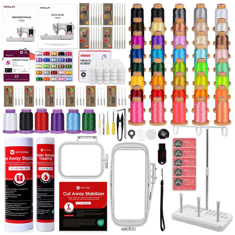 POOLIN EOC05 4in x 9.2in Embroidery Machine with Deluxe Accessory Bundle - Red Poolin Embroidery Machines Poolin