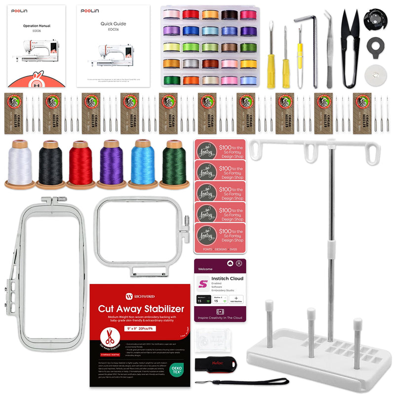 POOLIN EOC05 4in x 9.2in Embroidery Machine with Embroidery Spools Bundle - Red Poolin Embroidery Machines Poolin