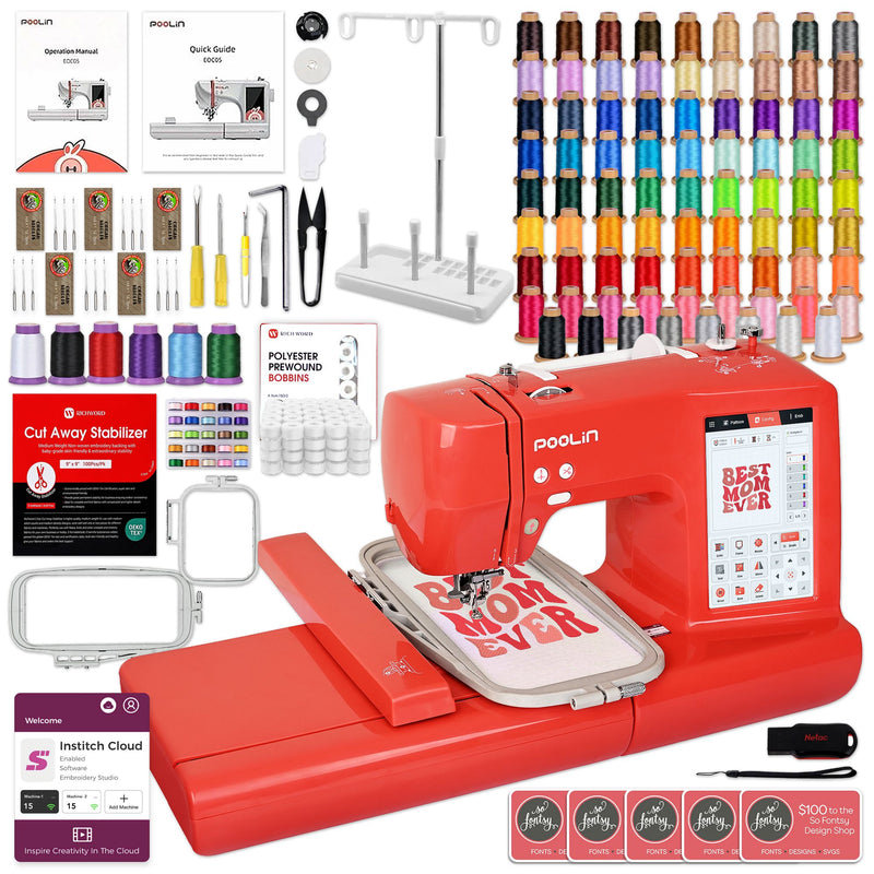 POOLIN EOC05 4in x 9.2in Embroidery Machine with Embroidery Spools Bundle - Red Poolin Embroidery Machines Poolin