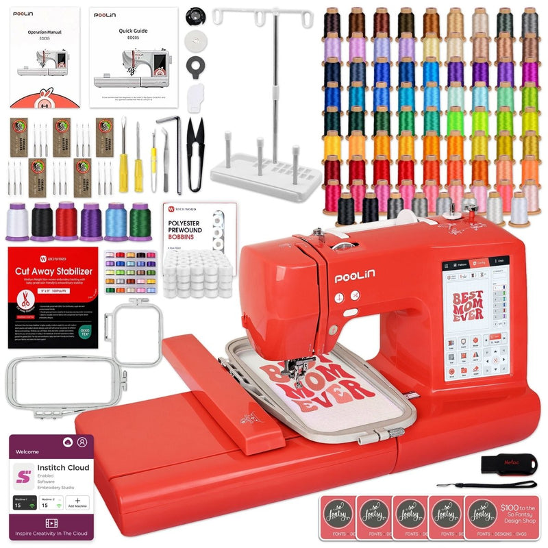 POOLIN EOC05 4in x 9.2in Embroidery Machine with Embroidery Spools Bundle - Red - Swing Design