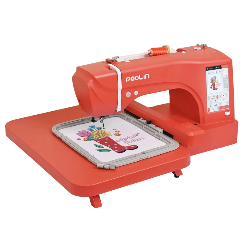POOLIN EOC06 7.9in x 11in Embroidery Machine & 166 Thread Spool Bundle - Red - Swing Design