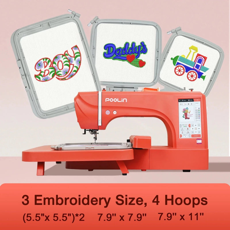POOLIN EOC06 7.9in x 11in Embroidery Machine & 166 Thread Spool Bundle - Red - Swing Design