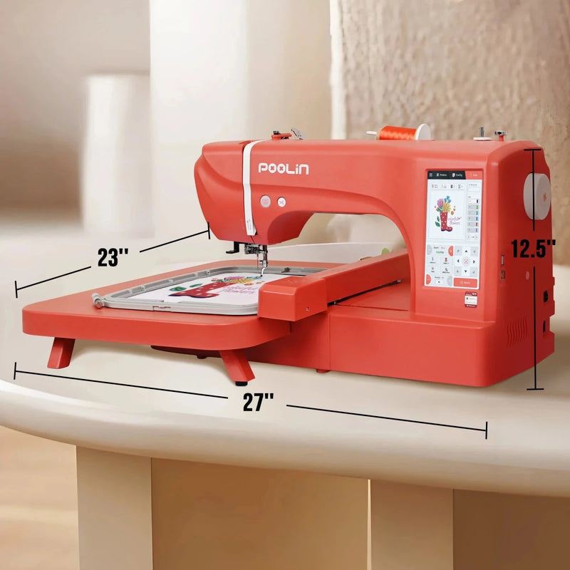 POOLIN EOC06 7.9in x 11in Embroidery Machine & 166 Thread Spool Bundle - Red - Swing Design