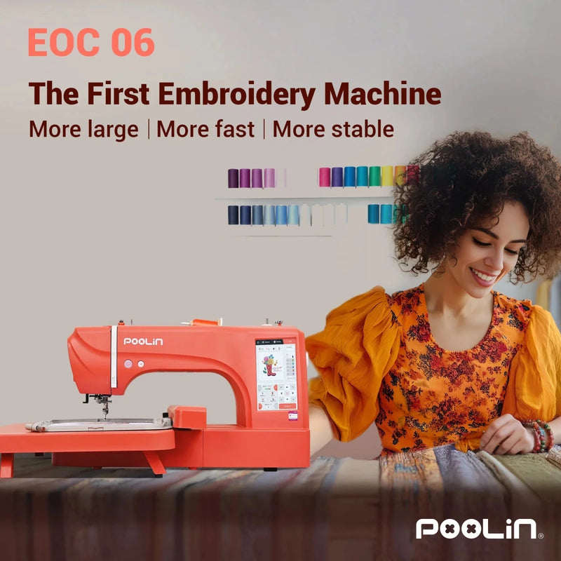POOLIN EOC06 7.9in x 11in Embroidery Machine & 166 Thread Spool Bundle - Red - Swing Design