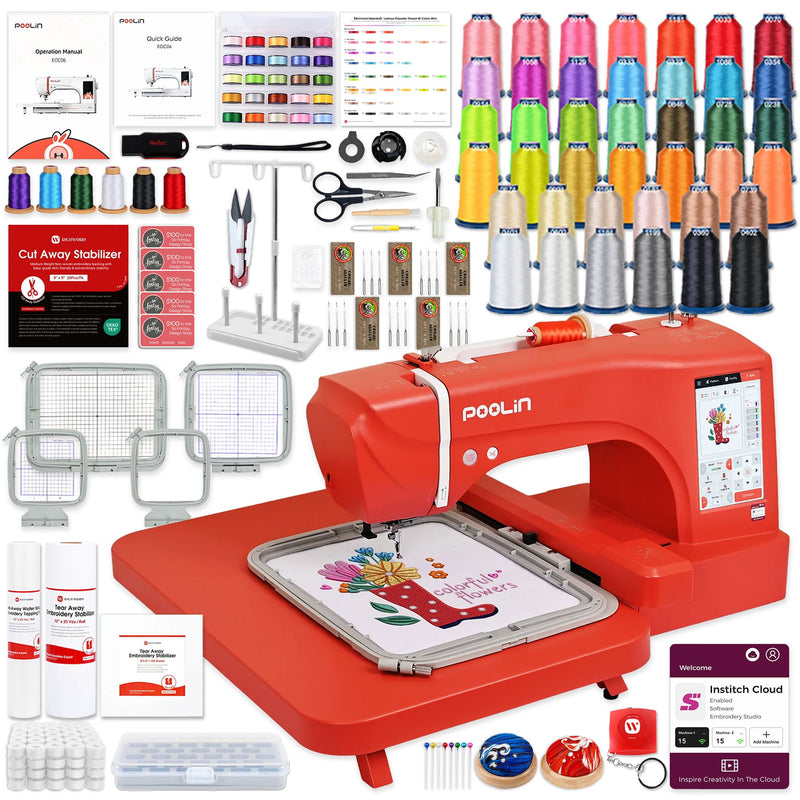POOLIN EOC06 7.9in x 11in Embroidery Machine Deluxe Bundle - Red Poolin Embroidery Machines Poolin