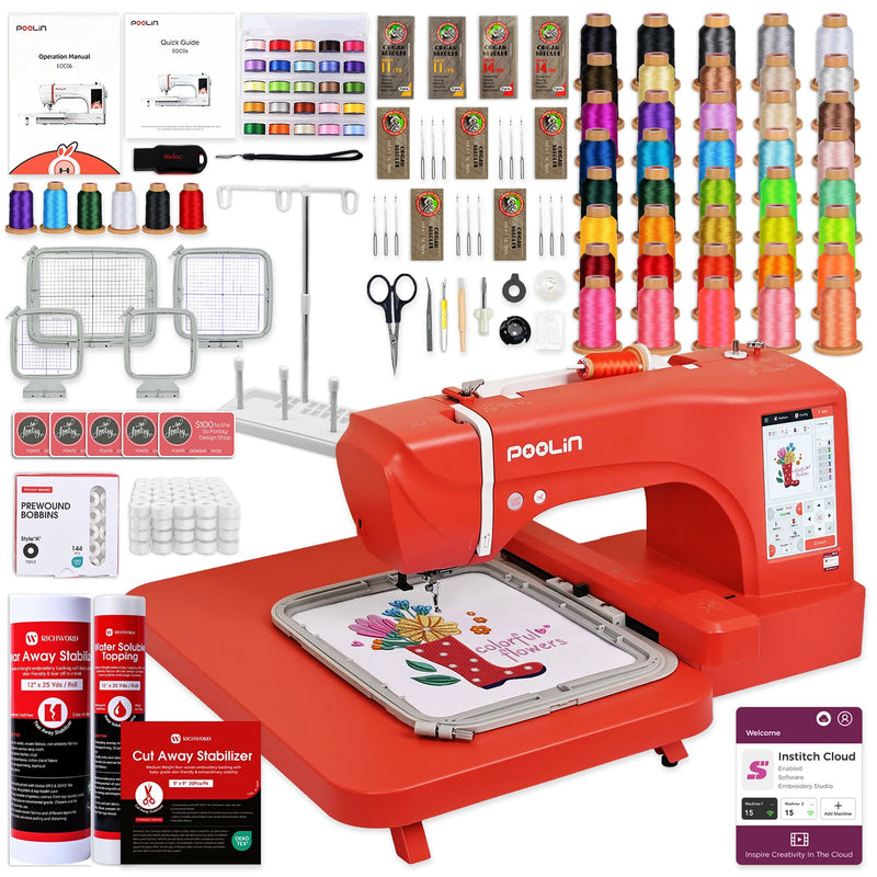 POOLIN EOC06 7.9in x 11in Embroidery Machine Deluxe Bundle - Red Poolin Embroidery Machines Poolin
