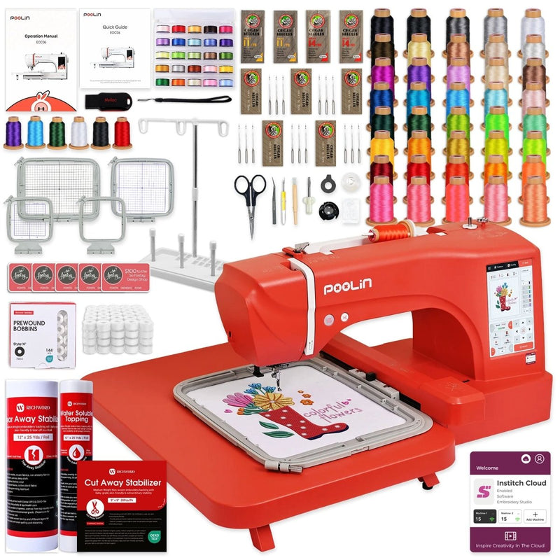 POOLIN EOC06 7.9in x 11in Embroidery Machine Deluxe Bundle - Red - Swing Design1