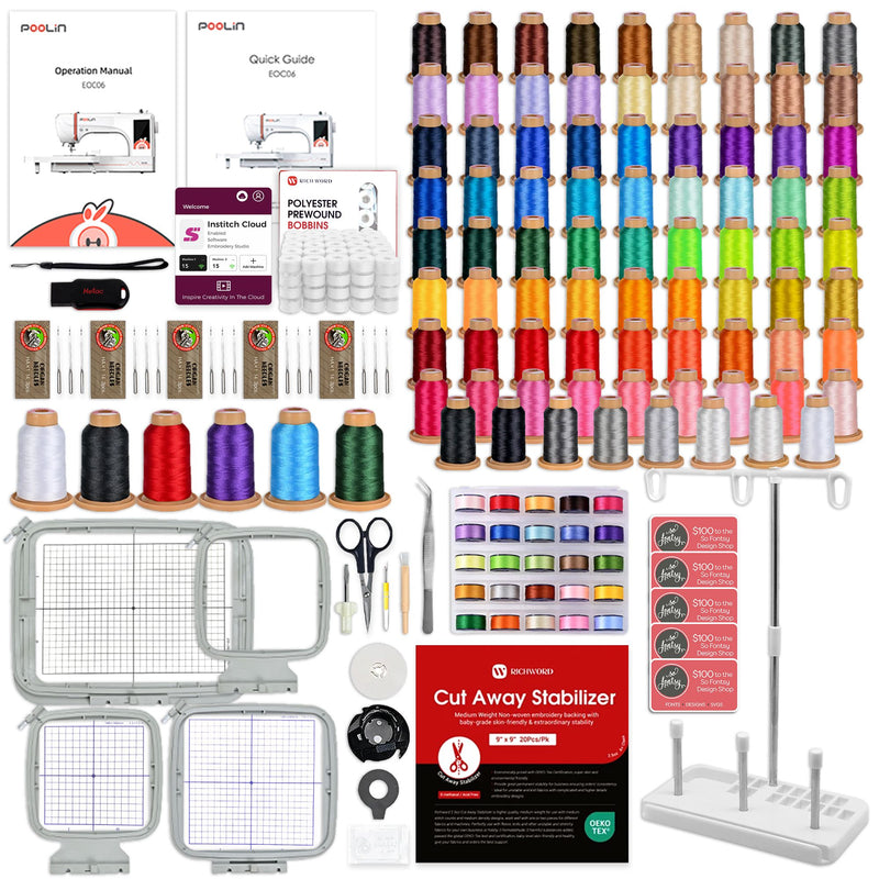 POOLIN EOC06 7.9in x 11in Embroidery Machine & Embroidery Thread Bundle - Red Poolin Embroidery Machines Poolin