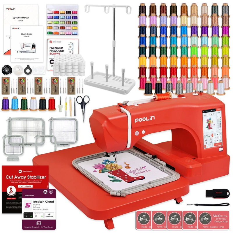 POOLIN EOC06 7.9in x 11in Embroidery Machine & Embroidery Thread Bundle - Red - Swing Design1