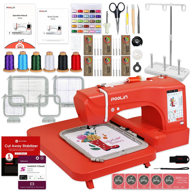 POOLIN EOC06 7.9in x 11in Embroidery Machine & Embroidery Thread Bundle - Red Poolin Embroidery Machines Poolin