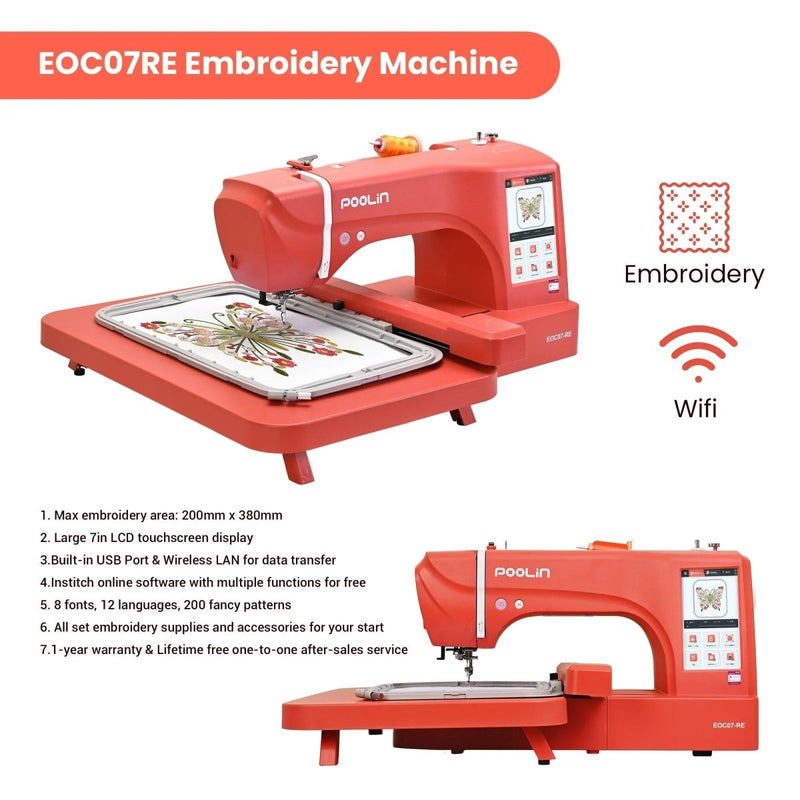 POOLIN EOC07 7.9in x 15in Embroidery Machine with 86 Embroidery Spools - Red - Swing Design25