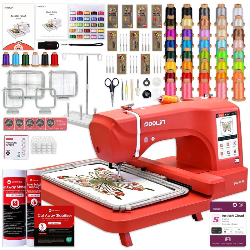 POOLIN EOC07 7.9in x 15in Embroidery Machine with Deluxe Accessory Bundle - Red - Swing Design1