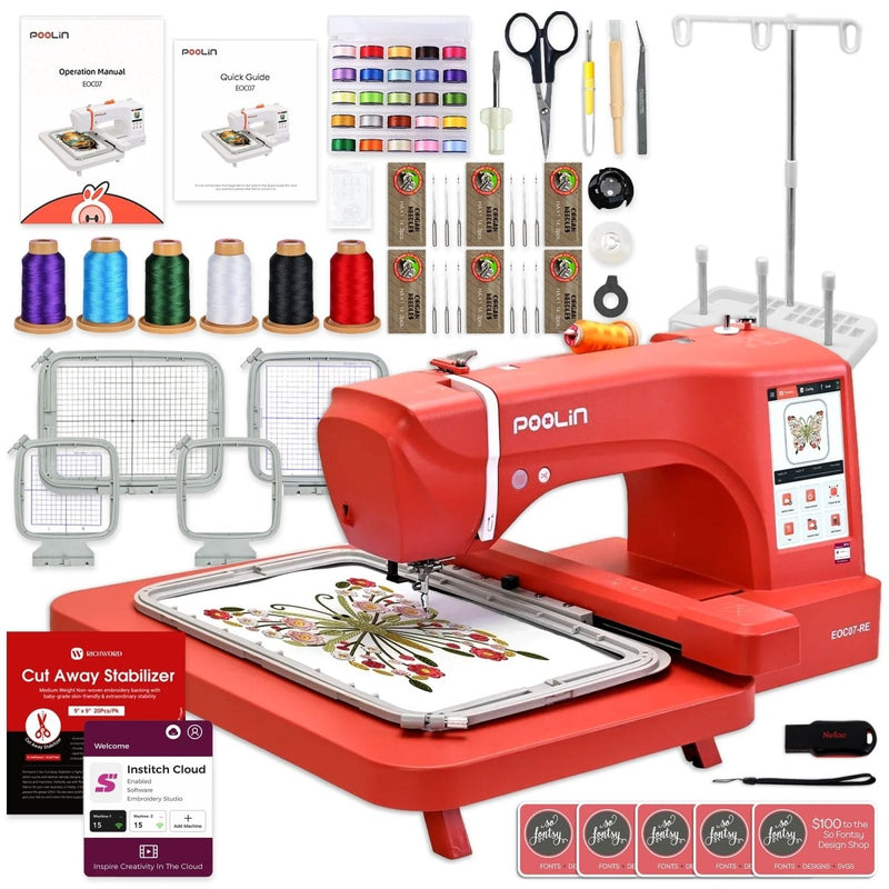 POOLIN EOC07 7.9in x 15in Hoop Area Computerized Embroidery Machine - Red - Swing Design1