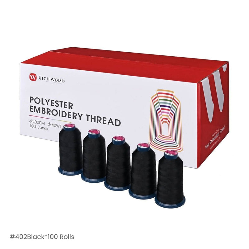 Richword 4000m 108D/2 40wt Black Polyester Embroidery Thread Spools - 100pc - Swing Design2